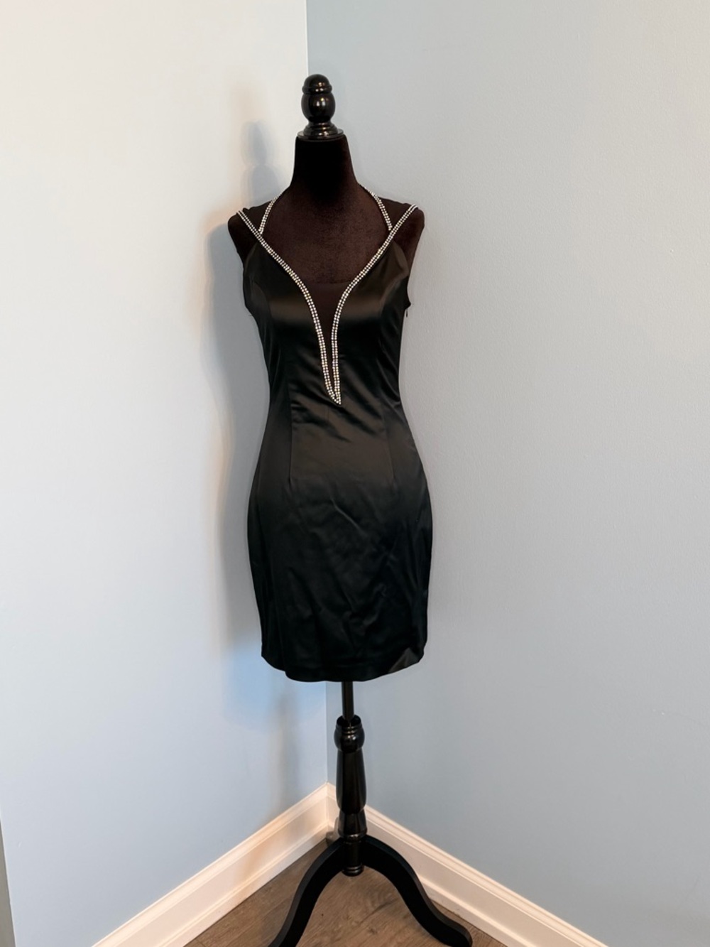 Black Satin Slip Dress with Rhinestone Trim.